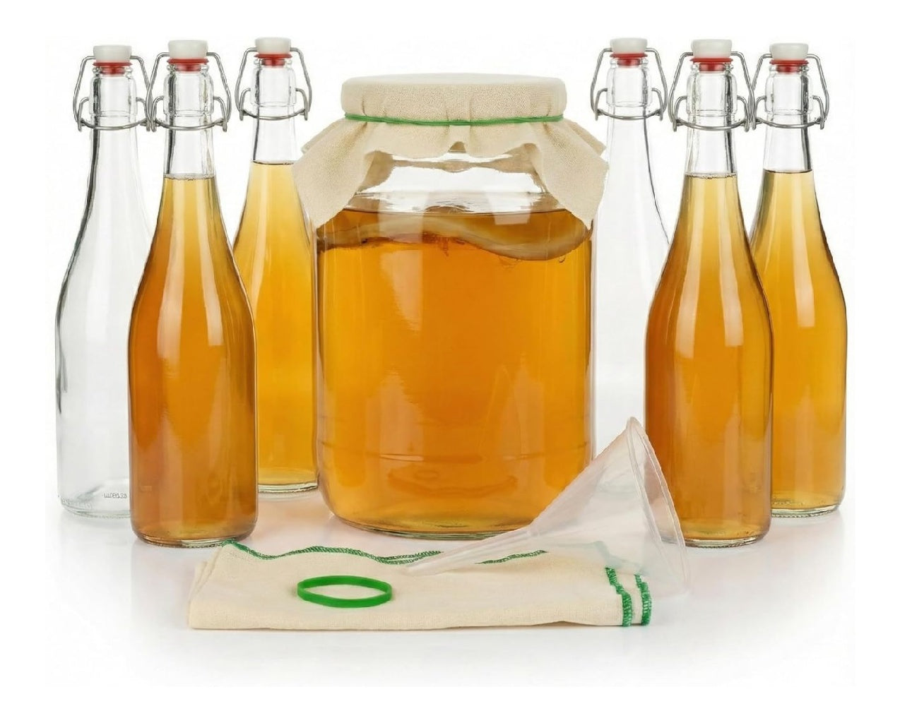 Kit Préparation Boissons Probiotiques Set de Fermentation pour Bière Kefir 6 Grands Bocaux dans Verre de 4L Bouteille de 750ml possédant Joint Hermétique Entonnoir 10cm Tissu Mousseline