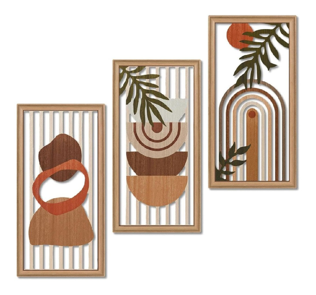 Lot Decor de 3 décorations murales Modernes Style bohème Panneaux géométriques Tons Terracotta Beige déco Salon Chambre entrée Couloir Ambiance scandinave Minimaliste avec Patins Silicone
